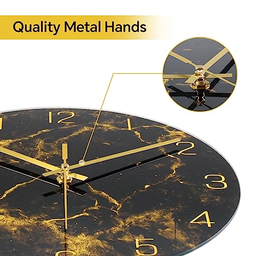 Vikmari CK-BLACK01-30-25530 Black Modern Marble Texture Clock Gold Hands Rustic Kitchen Decor 12 Inch Wall Clock Battery Operated Non-Ticking Large Round Quartz Golden Decorative thumb #1