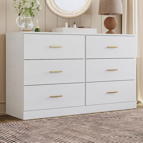 YMW Modern White 6 Drawer Dresser with Gold Handles 47 Chest of Drawers for Bedroom Kids Room & Nursery Wooden Storage Dresser for Girls Bedroom