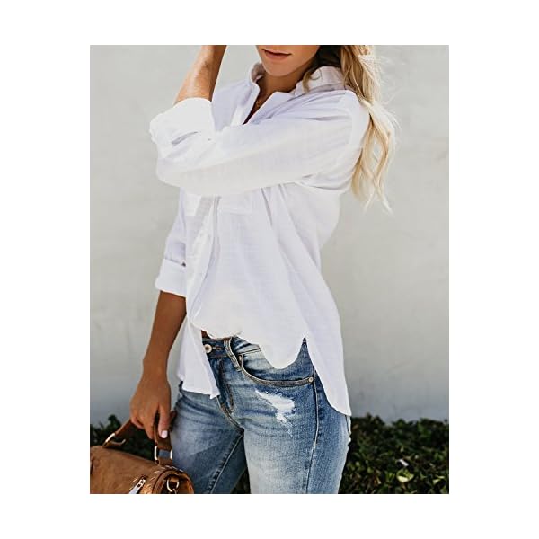 Runcati Womens Button Down Shirt Cotton Linen Long Sleeve V Neck Dress Shirts Casual Loose Roll Up Work Blouse Tops with Pockets White