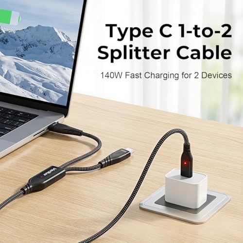 Image of Verilux Type C Splitter Charging Cable 1 to 2, 140W PD Fast Charging USB C to Dual USB C Cable Nylon Braided Cord, Dual Device Charging Cord with 480Mbps Data Sync, for Phone, Tablet