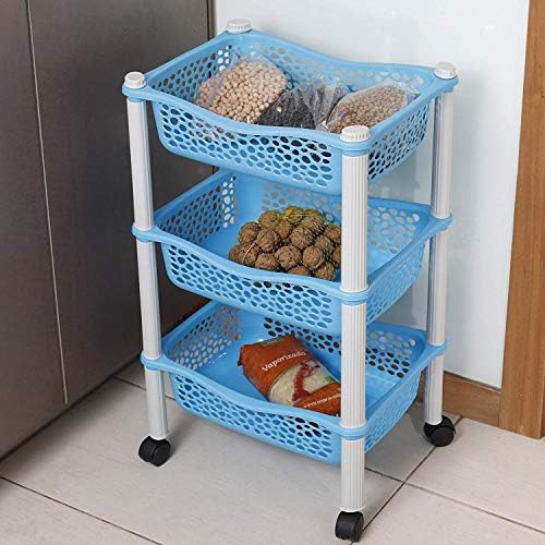 Maxi Nature Kitchen Storage Trolley - 3 Tier Vegetable Rack on Wheels - Sturdy, Durable, Heavy Duty - Rolling Cart for Kitchen, Office, Bathroom - Store Books, Art & More - Made in EU - Blue