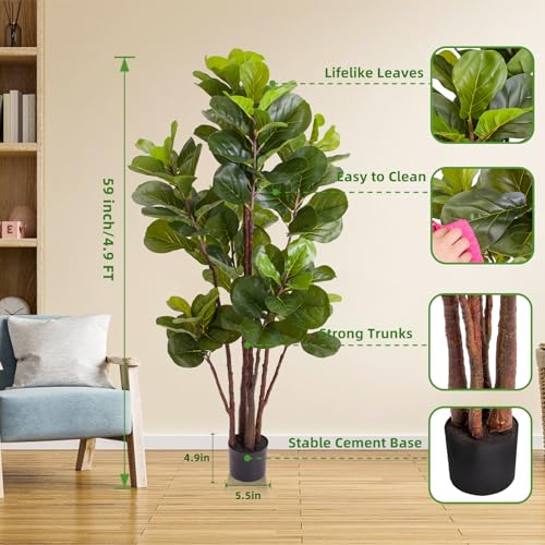 GarveeHome Artificial Fiddle Leaf Fig Tree, 59 Inch Faux Ficus Lyrata Tree in Pot with 102 Decorative Fiddle Leaves, Tall Fake Plant for Home Indoor Outdoor Living Room Office Porch Decor