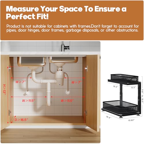 Image of 1 Pack Under Sink Storage Organizer with 2-Tier Slide Out Drawer, Sophisticated Mesh Pull Out Shelf for Kitchen & Bathroom, Fits Small Items, Upgraded Arched Track for Smooth Gliding-Black