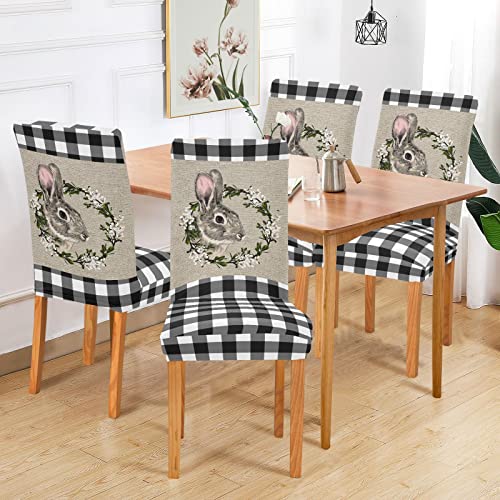 White Buffalo Plaid Easter Dining Chair Covers Set Of 4 Farmhouse Bunny Stretch Chair Cover Removable Chair Slipcover Washable Dining Chair Seat Cover For Dining Room Wedding Party Living Room #TOP6