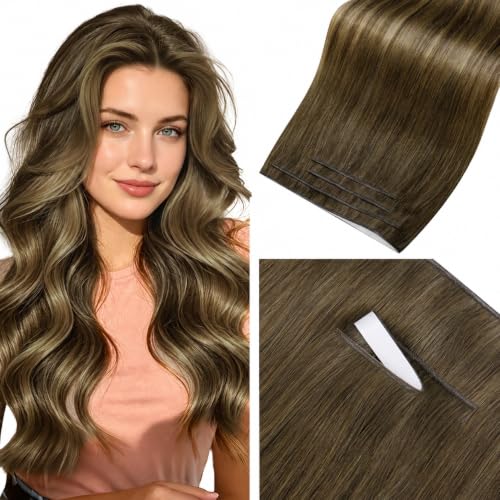 Image of LaaVoo Weft Tape Hair Extensions Medium Brown to Golden Brown Tape on Extensions Balayage Human Hair Tape in Weft Extensions 120g 20inch 4pcs