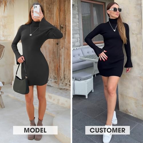 EXLURA Women Sweater Dress Fall Winter Bell Long Sleeve Mini Dresses Turtleneck Pullover Ribbed Knit Stretch Bodycon Dress2