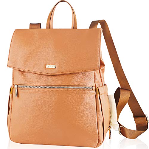 Landici - Mochila de piel para bebé con funda para portátil, iPad para mamá y mujer, mochila de viaje impermeable para niña multifunción de maternidad con correa para cochecito, color naranja