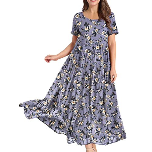 Robe vintage longue à imprimé floral avec col rond et coupe trapèze