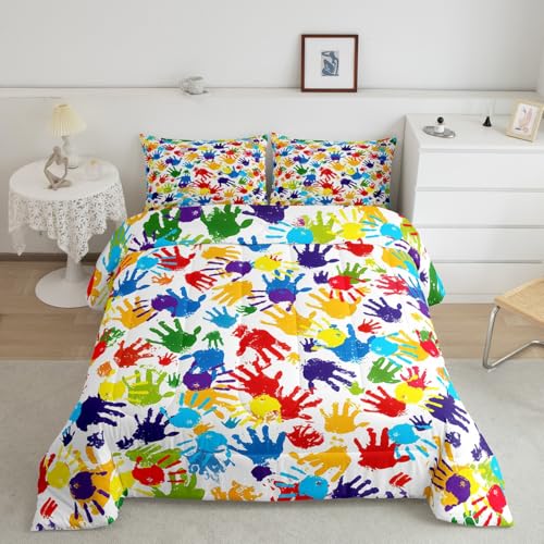 Image of Feelyou Cute Handprint Bedding Set Kids Boys Girls Watercolor Rainbow Comforter Set King Size Modern Duvet Insert Colorful Hand Shapes Abstract Decoration