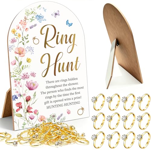 Bridal Shower Ring Hunt Game with Wooden Sign & 50 Mini Fake Rings Fun Interactive Multiplayer Games for Bride Showers & Birthday Parties Creative Party Supplies and Lovely Wedding Keepsake-27