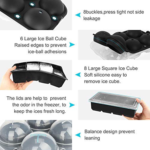Siliconen ijsblokjesvorm, 2 XXL ijsblokjesvormpjes, 6 ijsbalvormpjes en 8 ijsblokjesvormpjes met deksel en trechter, BPA… - Afbeelding 7