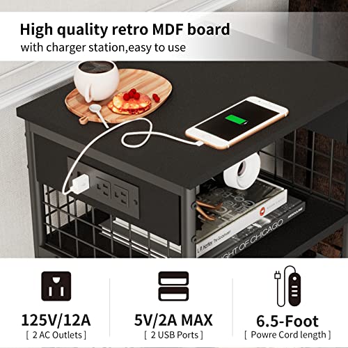 Ldttcuk Side Table With Charging Station & Usb Ports,3-Tier End Table For Living Room,Study,Bedroom,Narrow Sofa Table Bedside Table With Storage Shelf,Black Small Nightstand #TOP5