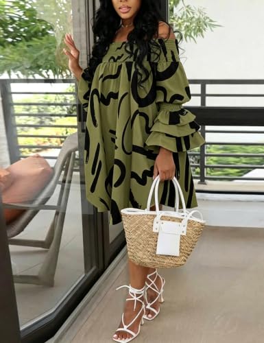 Image of WOKANSE Party Dresses for Women Off Shoulder Layered Flare Sleeve A line Ruched Plus Size Midi Summer Dress