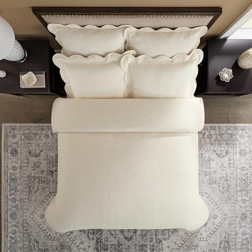 Charleston Estate Modern Farmhouse Floral Matelasse Coverlet with Scalloped Edges, 100% Cotton Breathable Bedding, Full/Queen, Ivory Floral
