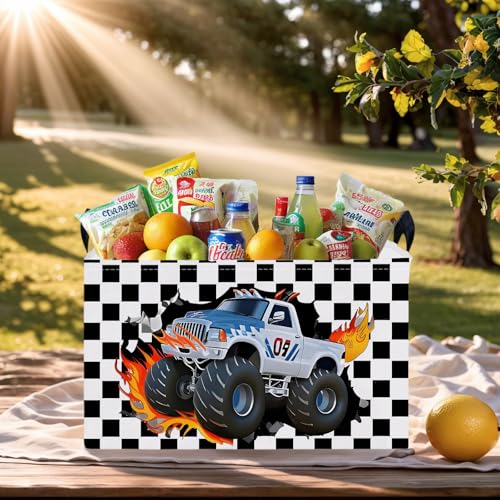 Image of Racing Car Storage Basket Monster Truck Toy Book Shelf Basket Kid Room Decor Gift (Black and White Checkered)