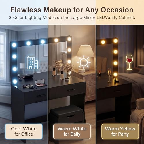 Image of YESHOMY Vanity Desk with Mirror,Makeup Vanity Table with 11 Adjustable Lights and 2 Spacious Drawers,3 Lighting Modes with Control&Soft-Padded Storage Stool,Modern Bedroom Vanity Set,Black