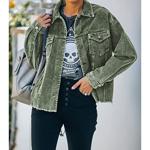 Duyang Women's Casual Button Down Corduroy Jackets Retro Long Sleeve Corduroy Shacket Jacket Loose Raw Hem Outerwear Tops(Green,M) #TOP4