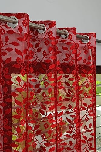 Image of Aroma Brand Tissue Transparent Fancy Sheer Polyester Curtains for Door- Pack of 1 (Window- 5 Feet, Red - Leafs)