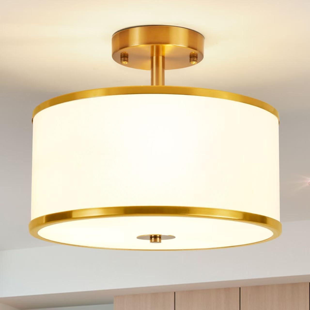 Semi Flush Mount Ceiling Light,3-Light Modern Close to Ceiling Light Fixtures, Gold Drum lamp with Fabric Shade, Hallway Light Fixtures for Foyer Bedroom Kitchen Laundry Room Living Room