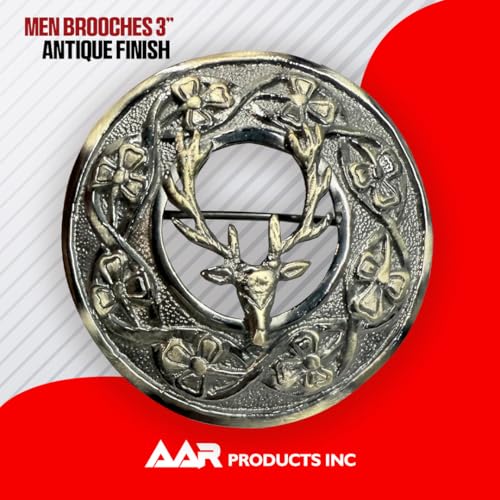 AAR Men,s Scottish Irish Shamrock Kilt Brooch Fly Plaid Antique/Chrome Finish 3" (7cm) diameter S3