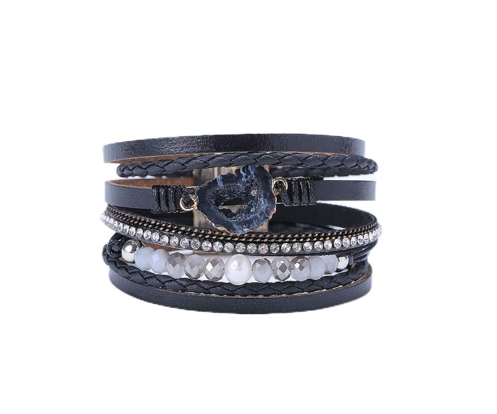 Bracelet en cuir rétro multicouche et authentiques pierres noires
