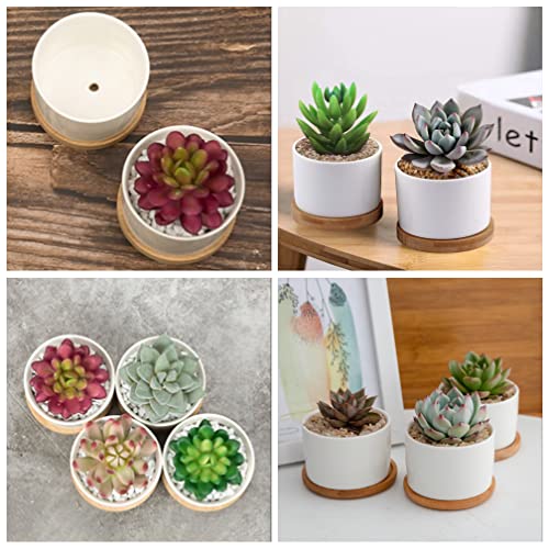 Miniatura 5 de 7wunderbar Macetas Suculentas De Cerámica, Maceta De Cactus, Maceta Pequeña De 8 Cm, Mini Maceta Con Plato De Bambú, Juego Blanco Redondo De 4 Planta No Incluida 4zwp-F