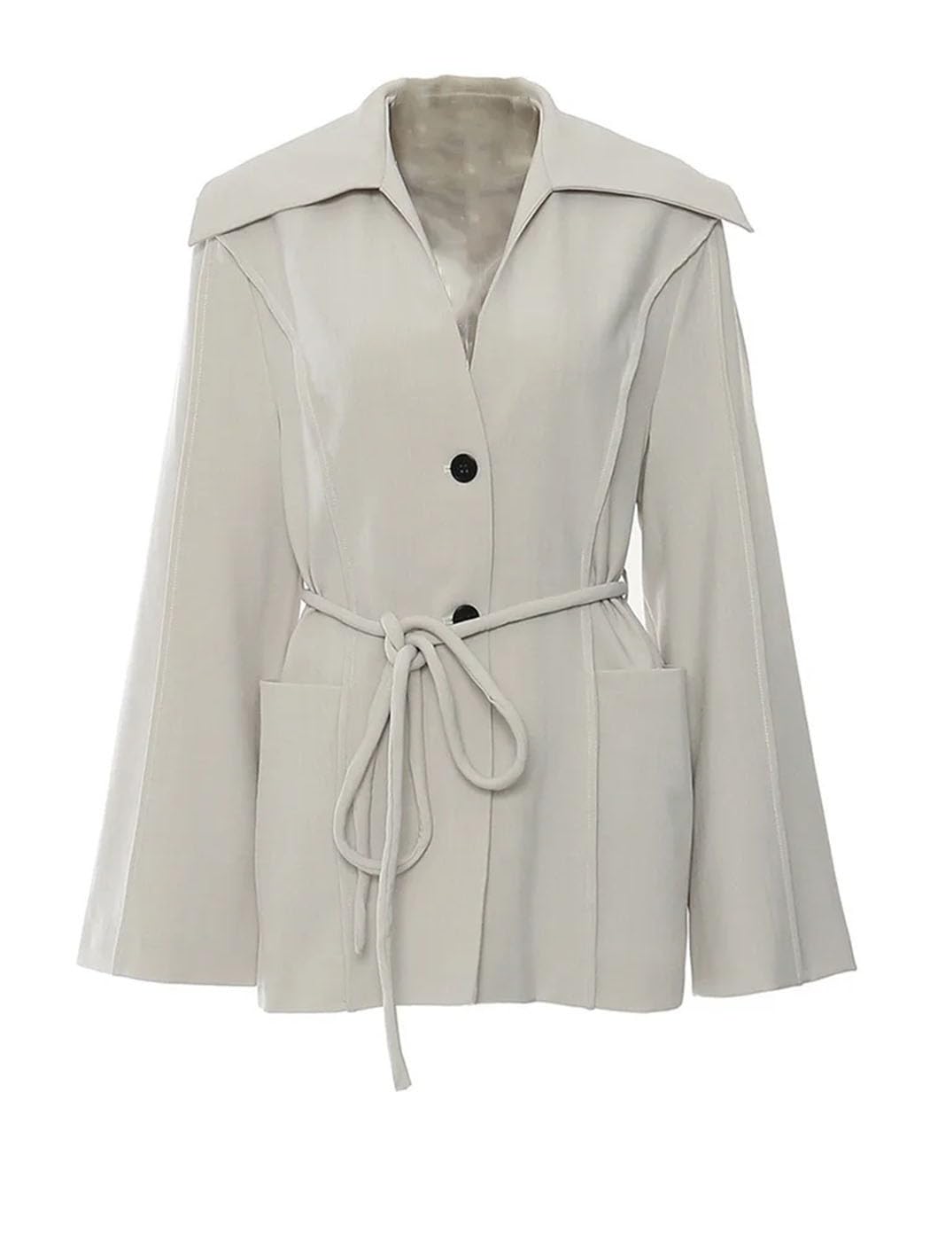 Womens Elegant V-Neck Blazer Jacket with Belt Pockets Long Sleeve Tweed Coat for Spring Autumn Plus Size Office