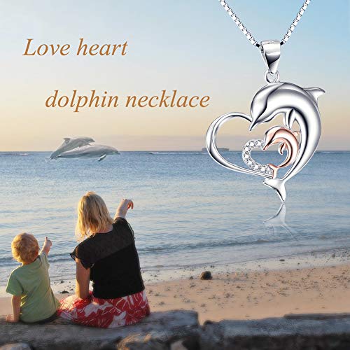 Dolphins Jewelry 925 Sterling Silver Two-Tone Eternal Love Double Heart Dolphin Pendant Necklace for Women (Rose Gold Dolphin Necklace 18'')4
