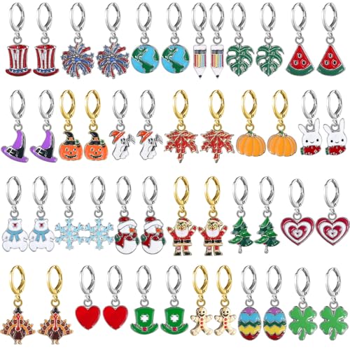 24 Pairs Holiday Earrings for Women Variety Pack Summer Earrings Fall Hypoallergenic Dangle Fun Cute Jewelry Pencil Palm Leaf Pumpkin for Back-to-School Birthday Gift Bulk Thanksgiving Party Favor
