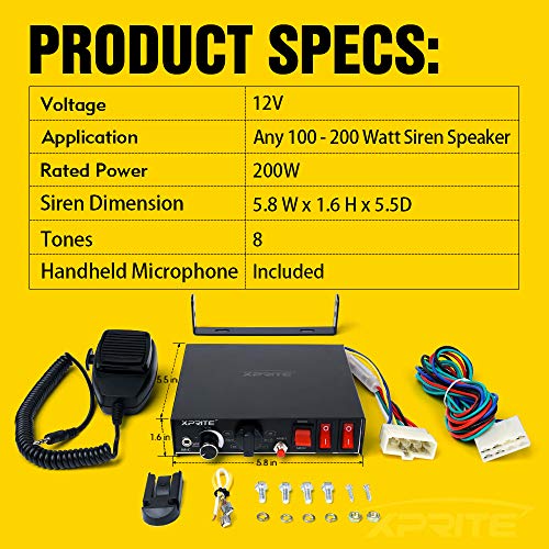 image for Xprite 200 Watt 8 Tones Emergency Warning Siren PA System Kit w/Handhe