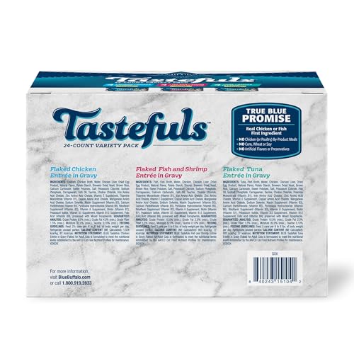 Blue Buffalo Tastefuls Flaked Wet Cat Food Variety Pack, Made with Natural Ingredients, Tuna, Chicken, Fish & Shrimp, 3-oz Cans (12 Count, 4 of Each)