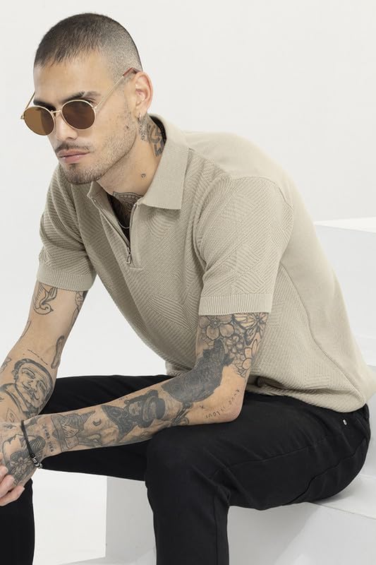 Image of SNITCH Men's Plain T-Shirts | Resort Wear| Holiday Streetwear Style | Cotton Polo Half Sleeve Slim Fit Beige