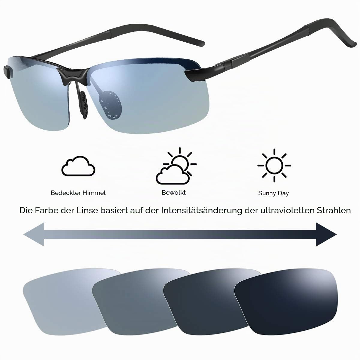 MIRYEA Herren Photochromatisch Sportbrille Polarisiert Rechteckig Sonnenbrille Fahrer Blaulichtfilter Brille Computerbrille Anti Reflexbeschichtung 100% UVA UVB Schutz für Golf, Angeln, Autofahren