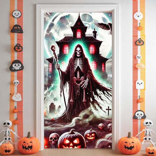 Image of BlissYard Halloween Entryway Banner Grim Reaper 35x71 Inch Polyester | Door Banner, Wall Decor | Skeleton Entry Accent, Grim Reaper Backdrop | Porch, Hallway, Party (Gothic Art)