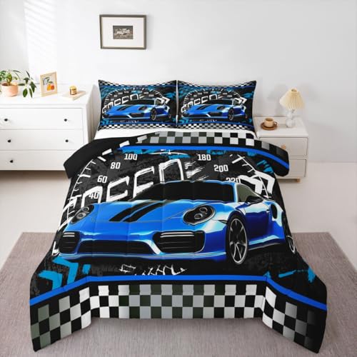 Image of Feelyou Blue Race Car Comforter Set Toddler Size Sports Car Bedding Set for Kids Boys Car Sports Comforter Geometric Checkered Extreme Sports Inner Fill Duvet Set 1 Comforter Set with 1 Pillowcase
