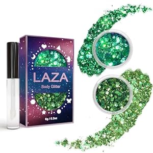 Laza Body Glitter, 2 Jars Iridescent Chunky Sequins with Glitter Glue Perfect for Women Eyeshadow Makeup Face Paint Festival Rave Outfits Hair Accessories Carnival Party Costumes – Gold Blue Green