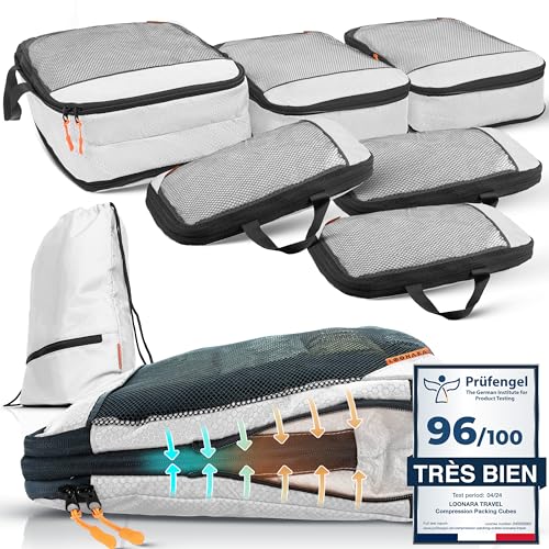 LOONARA Travel - Organisateur Valise Compressible – Gagnez 70% d’Espace | Sac Compression Voyage Léger et Résistant | Rangement Valise Organisateur | Packing Cubes