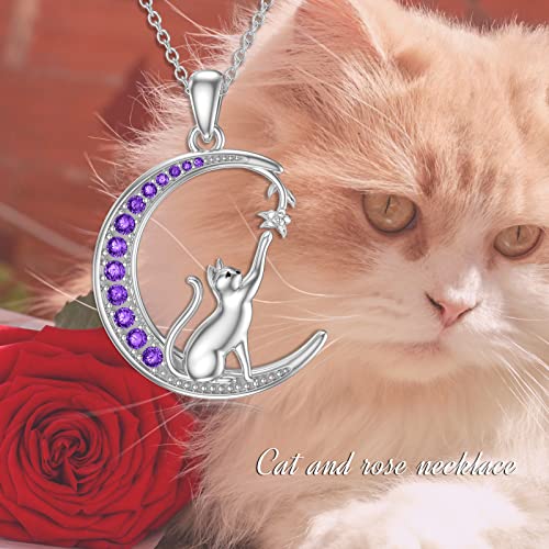 Proess Cat Necklace Sterling Silver Cat With Girl Necklace Crystal Cat Jewelry Cat Gift For Women Girls And Cat Lovers (Purple Cat) #TOP1