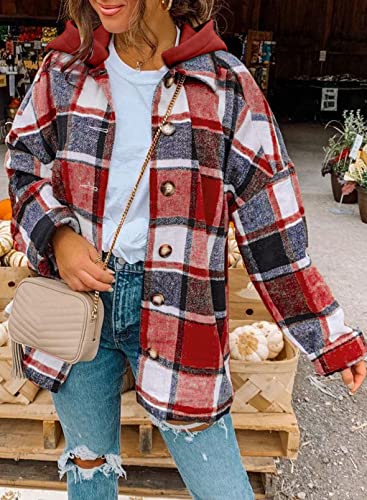 SHEWIN Womens Long Sleeve Button Down Plaid Shirts Flannel Hooded Shacket Jacket Hoodie Coats2