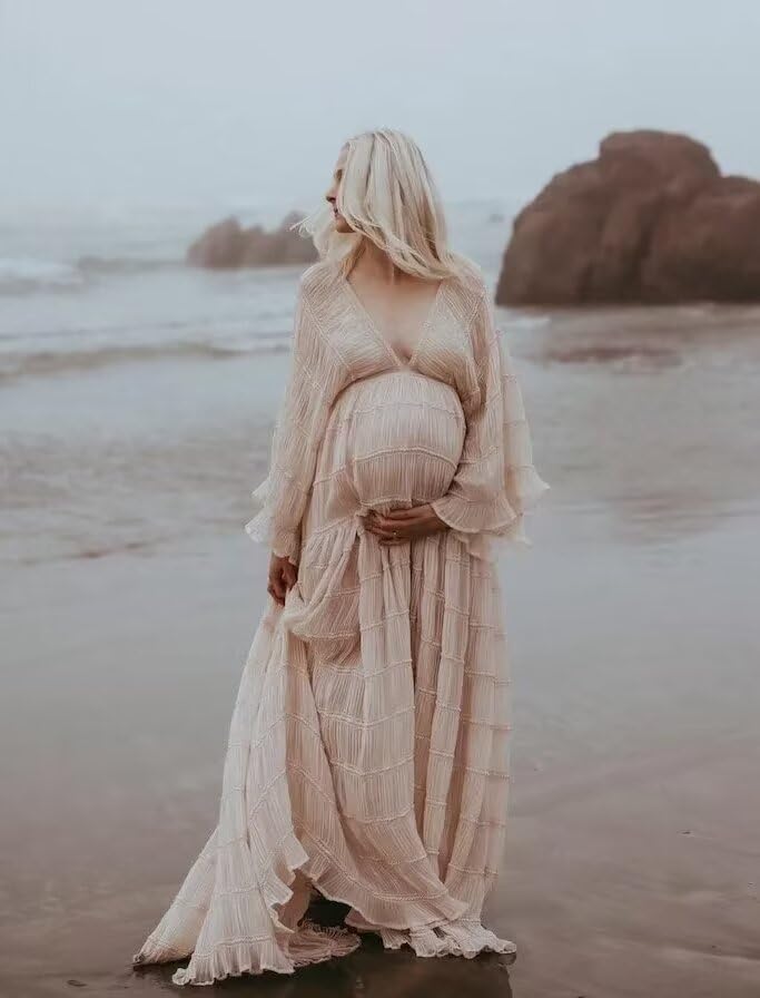 Tulle Maternity Robe for Photoshoot V Neck Long Sleeve Pregnancy Baby Shower Dress Puffy Slit Ruffle Bridal Lingerie - Image 2