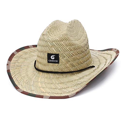 Gemvie Women Mens Western Cowboy Straw Hat Printed Roll Brim Straw Sun Hat Beach Straw Lifeguard Hat For Fishing/Outdoor Camouflage #TOP3