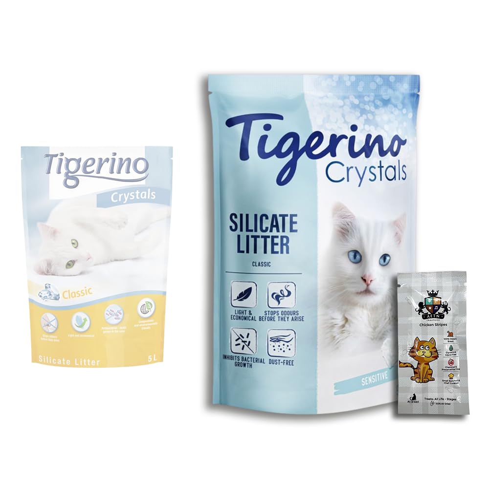 AETN Creations Tigerino Crystals - Arena para gatos sensible, 5 litros (sin fragancia) más golosinas AETN Creations para gatos, ideal para gatos sensibles