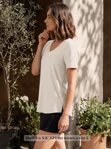 Image of ODODOS Women's Short Sleeve Performance V-Neck Tunic Tops, Ultra Soft odSTRATUM Tech Tee, Side Slit Relaxed T-Shirts