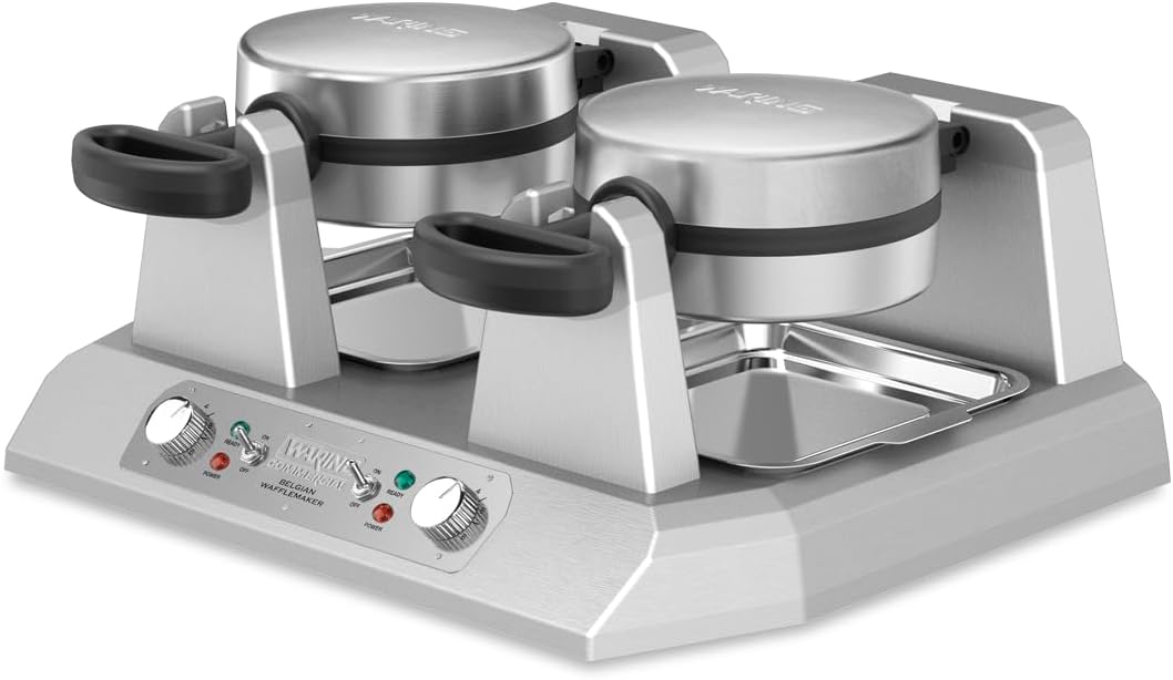 Waring Commercial Double Belgian Waffle Maker with Serviceable Plates, Duel Side by Side Rotating Cooking Non-Stick Surfaces, Heavy Duty Restaurant Foodservice, 50-60 Waffles an Hour, 120V, 2400W