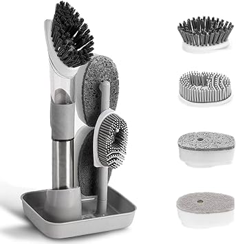 4-in-1 Dish Cleaning Brush Soap Dispensing Dish Brush Set with 4 Replacement Heads and Storage Holder, Kitchen Scrub Brush for Dish Pot Pan Sink Cleaning Grey