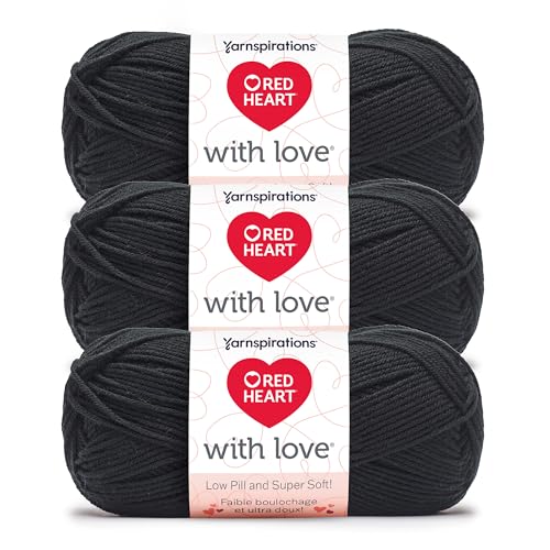 Image of Red Heart with Love Low Pill Yarn for Crocheting & Knitting, Black, 3-Pack | #4 Medium Worsted Weight 100% Low Pill Acrylic Crochet and Knitting Yarn for Blankets, Sweaters, Hats, 171 yards, 100g /3.5oz