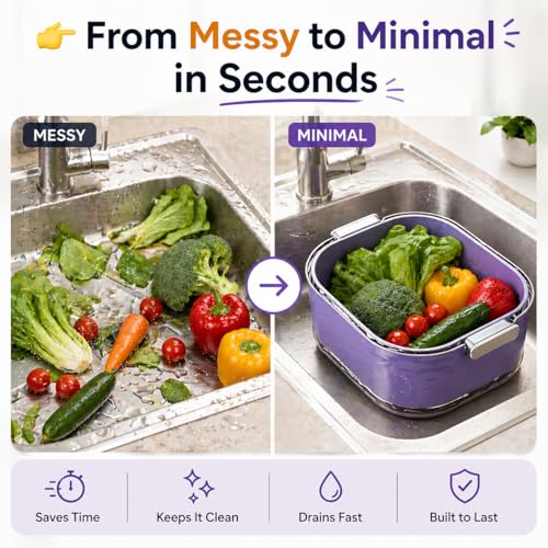 Image of 3-in-1 Vegetable Washing Basket with Drain Tray Set of 3 | Kitchen Strainer & Colander Bowl | Wash, Drain & Store Fruits, Pasta & Veggies | BPA-Free Durable Plastic (Purple)