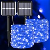YAOZHOU Blue Solar Christmas String Lights Outdoor Waterproof, 2Pack Total 200Led 66Ft 8 Modes Copper Fairy Lights for Halloween Garden, Patio, Fence, Balcony, Outdoors