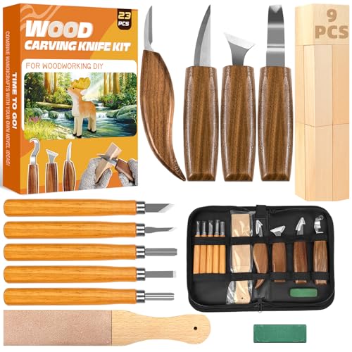 Holzschnitzwerkzeuge,23-teiliges Holzschnitzset, Holzschnitzset mit 4 großen Holzschnitzmessern, 5 Detailmessern, Handschuhen und PU-Tasche, Holzschnitzwerkzeug-Set für Anfänger