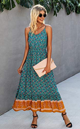 Image of Angashion Women's Dresses Floral Adjustable Spaghetti Strap V Neck Boho Long Maxi Dress Summer Beach Flowy Ethnic Sundress